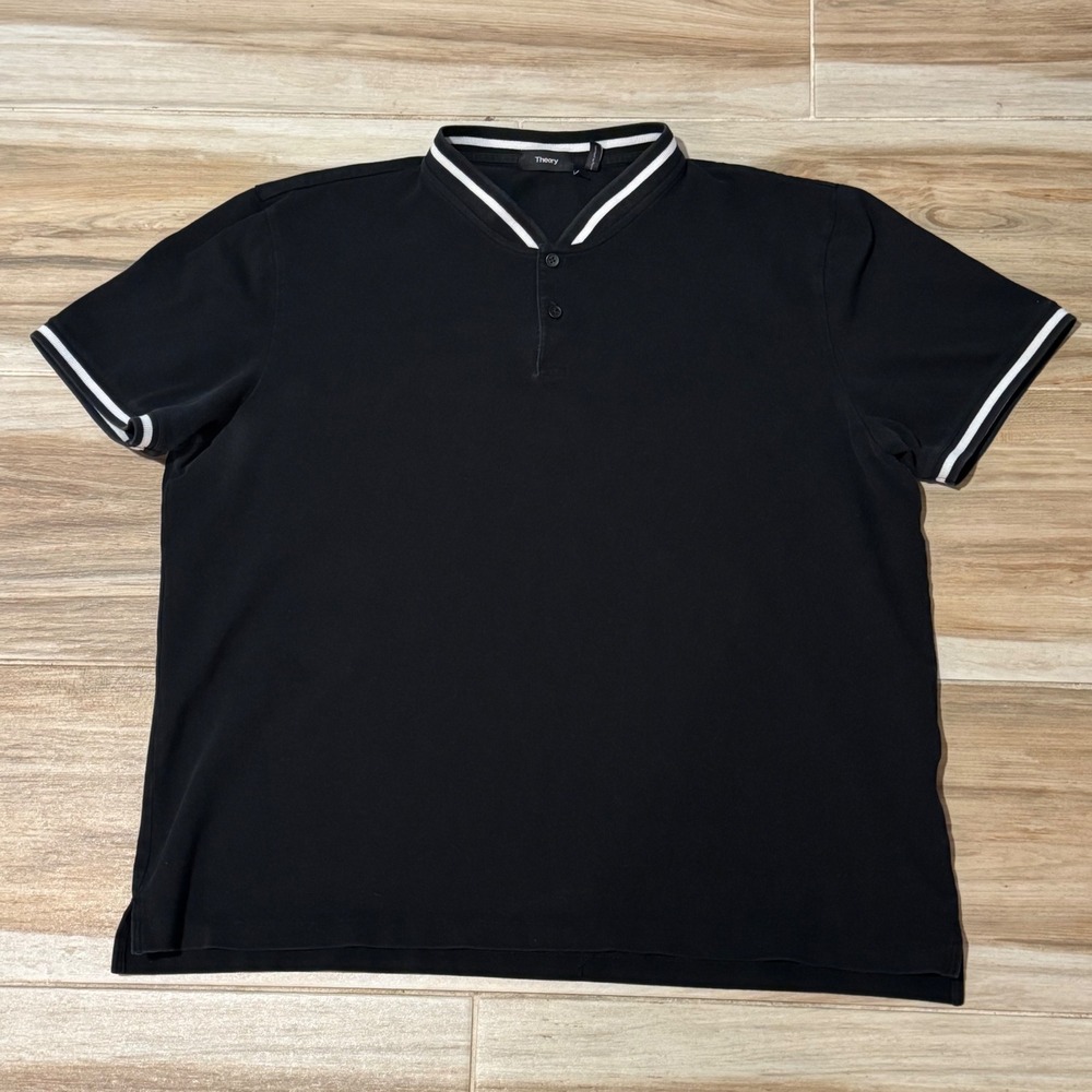 Theory Berk Ln St Cotton Pique Polo Shirt Black Tipped Band Collar Men's XXL